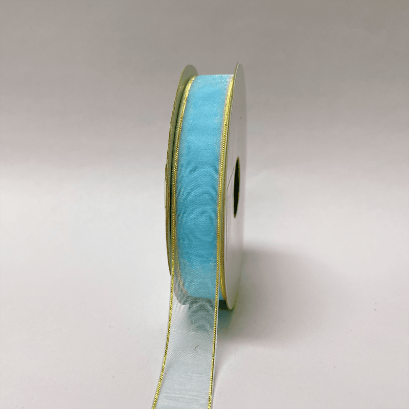 Light Blue With Gold - Sheer Organza Ribbon - ( 5/8 Inch | 25 Yards ) BBCrafts.com