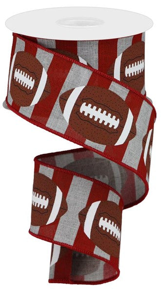 Light Grey Brown - Crimson Footballs On Royal Ribbon - ( 2-1/2 Inch | 10 Yards ) BBCrafts.com