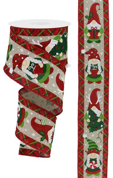 Light Natural Multi - Christmas Gnome Ribbon - ( 2-1/2 Inch | 10 Yards ) BBCrafts.com