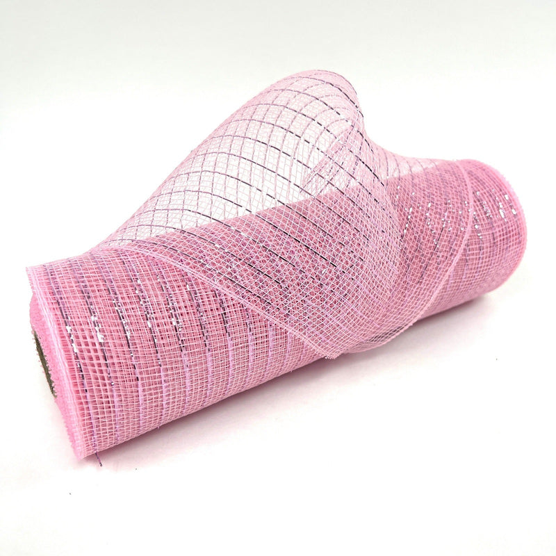 Light Pink - Deco Mesh Wrap Metallic Stripes - ( 10 Inch x 10 Yards ) BBCrafts.com
