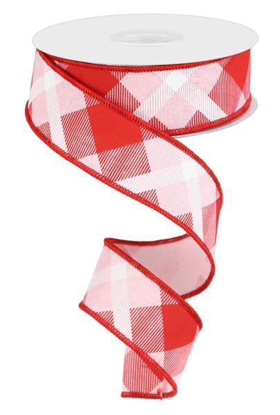 Light Pink Red White - Printed Plaid On Royal Wired Edge Ribbon - ( 1-1/2 Inch | 10 Yards ) BBCrafts.com