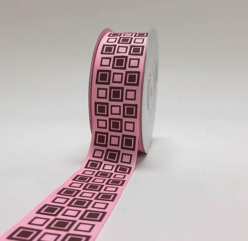 Light Pink with Brown - Square Design Grosgrain Ribbon ( 1 - 1/2 Inch | 25 Yards ) BBCrafts.com