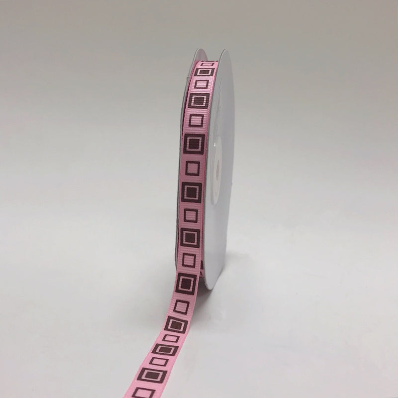 Light Pink with Brown - Square Design Grosgrain Ribbon ( 3/8 Inch | 25 Yards ) BBCrafts.com