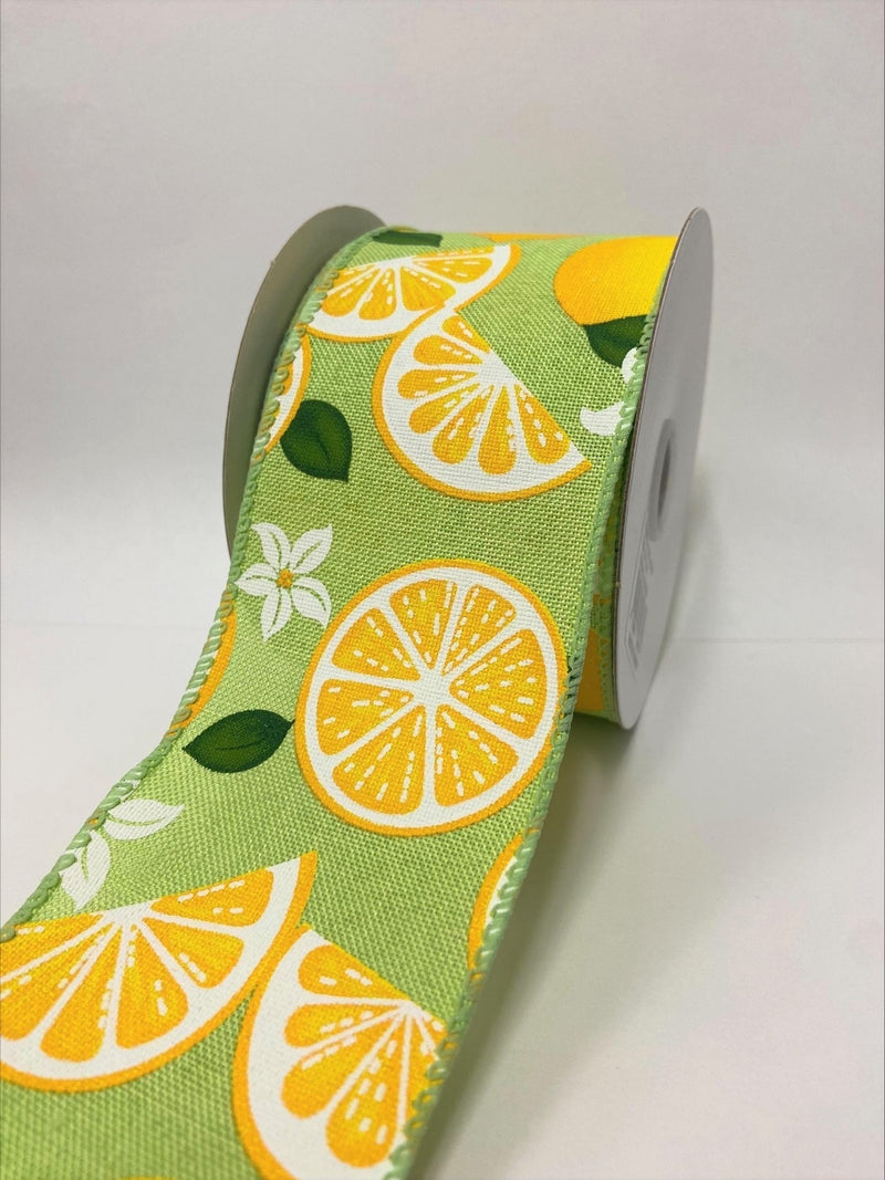Lime Linen Lemons and Flowers - 2-1/2 Inch x 10 Yards BBCrafts.com