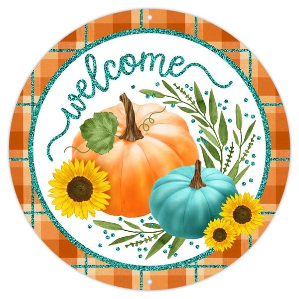 12 Inch Dia Metal Glitter Welcome with Pumpkins - Orange/Teal/Moss/Yellow