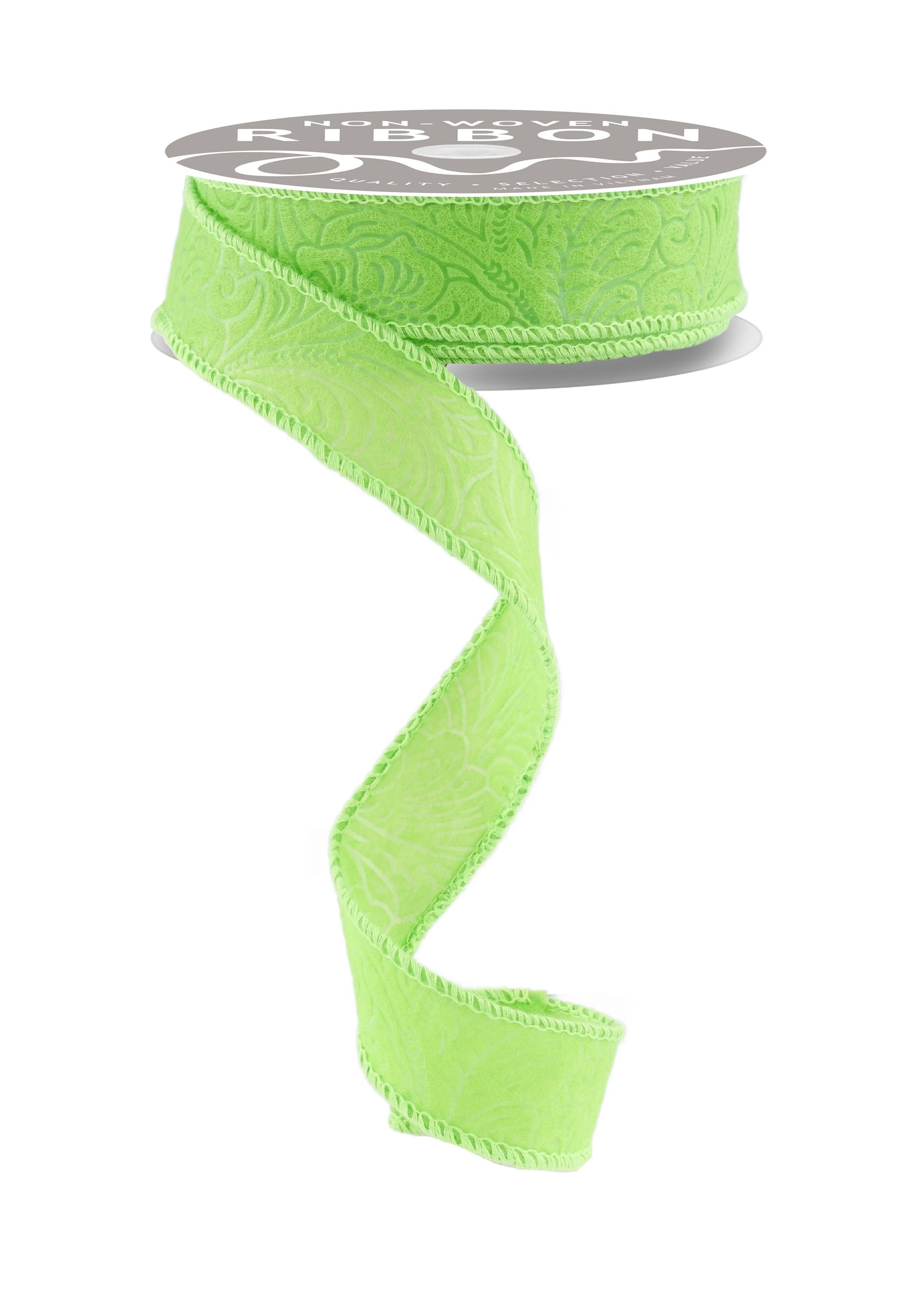 1 Inch x 10 Yards Floral/Leaves Ribbon - Lime Green