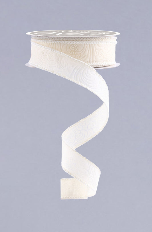 1 Inch x 10 Yards Floral/Leaves Ribbon - Ivory
