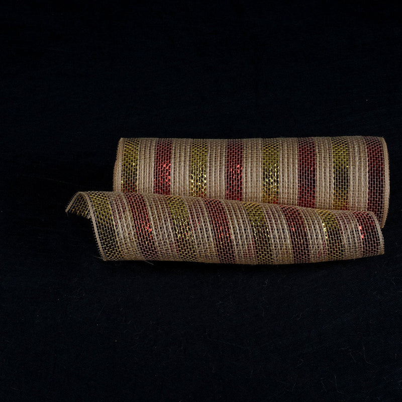 Natural Burlap Christmas Deco Mesh With Red Gold Metallic Stripes - 10 Inch x 10 Yards BBCrafts.com