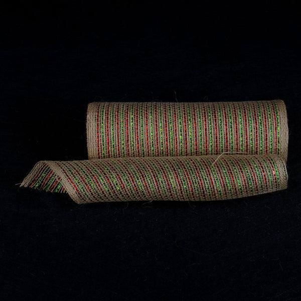 Natural Burlap Christmas Deco Mesh With Red Green Stripes - 10 Inch x 10 Yards BBCrafts.com