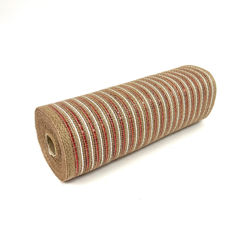 Natural Burlap Christmas Deco Mesh With Red White Stripes - 10 Inch x 10 Yards BBCrafts.com
