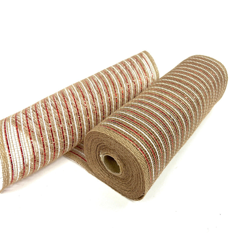 Natural Burlap Christmas Deco Mesh With Red White Stripes - 10 Inch x 10 Yards BBCrafts.com