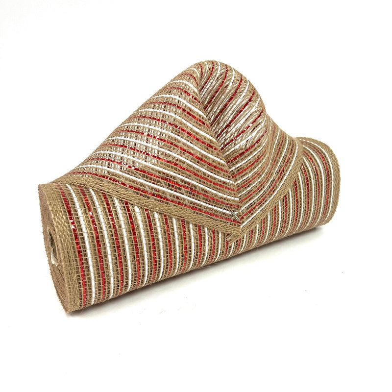 Natural Burlap Christmas Deco Mesh With Red White Stripes - 10 Inch x 10 Yards BBCrafts.com