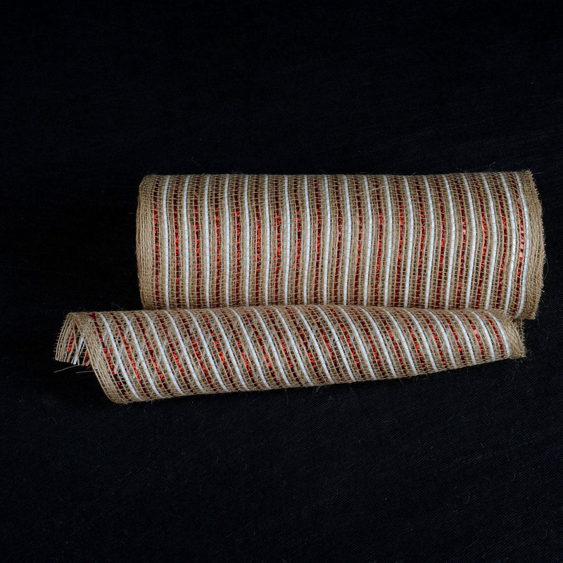 Natural Burlap Christmas Deco Mesh With Red White Stripes - 10 Inch x 10 Yards BBCrafts.com