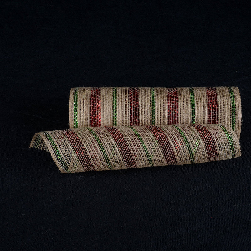 Natural Burlap Deco Mesh With Red Green Metallic Stripes - 10 Inch x 10 Yards BBCrafts.com