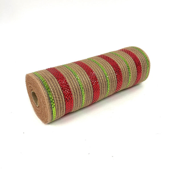 Natural Burlap Deco Mesh With Red Green Metallic Stripes - 10 Inch x 10 Yards BBCrafts.com