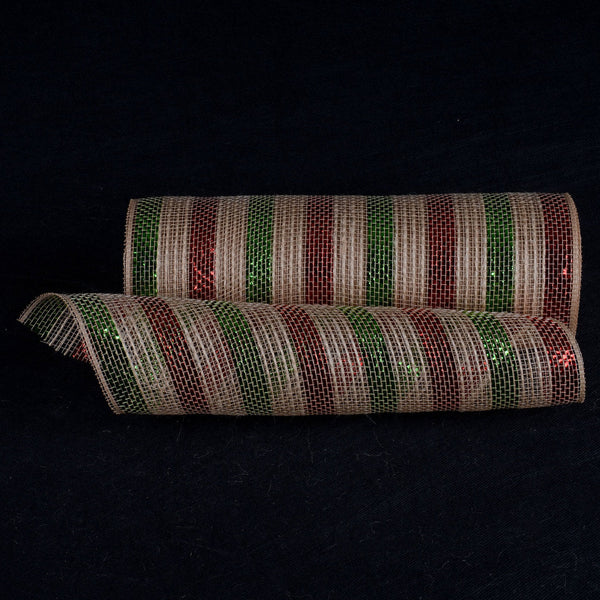Natural Burlap Deco Mesh With Wider Red Green Metallic Stripes - 10 Inch x 10 Yards BBCrafts.com