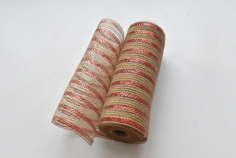 Natural Burlap Red Striped Deco Mesh - Holiday Floral Deco Mesh - ( 10 Inch x 10 Yards ) BBCrafts.com