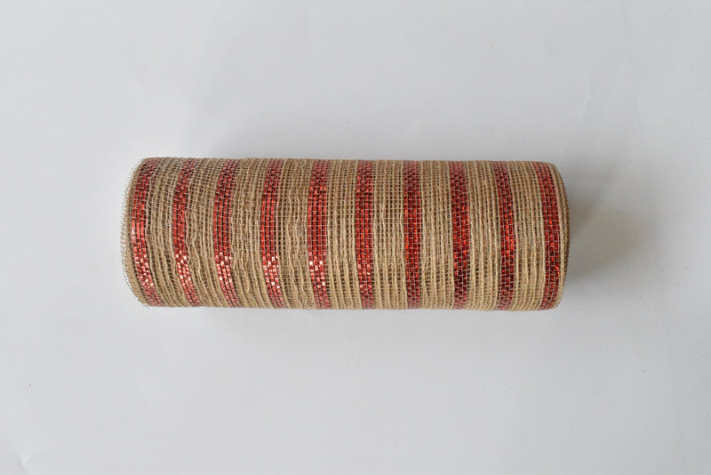 Natural Burlap Red Striped Deco Mesh - Holiday Floral Deco Mesh - ( 10 Inch x 10 Yards ) BBCrafts.com
