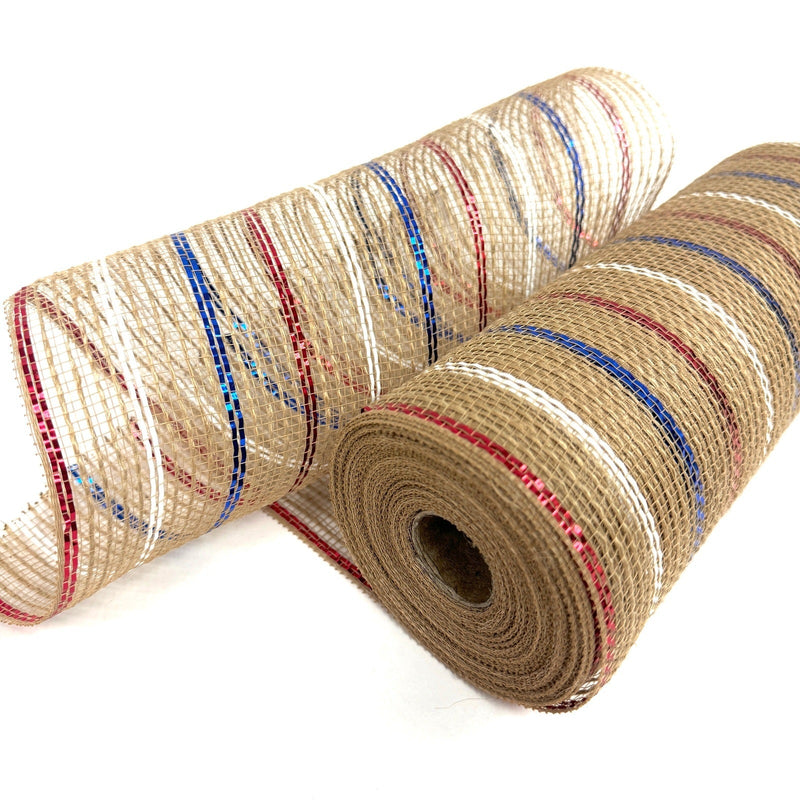 Natural Burlap Red White and Blue Metallic Stripe Deco Mesh - Holiday Floral Deco Mesh - ( 10 Inch x 10 Yards ) BBCrafts.com