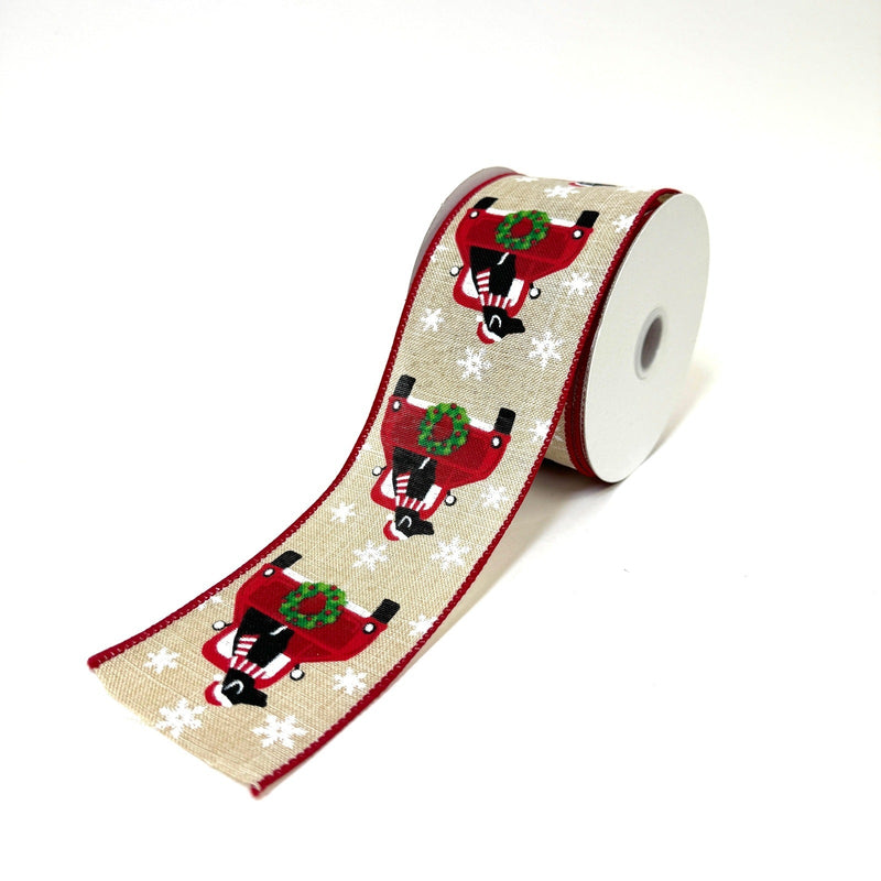 Natural Linen Dog Christmas Truck Wired Ribbon - 2 - 1/2 Inch x 10 Yards BBCrafts.com