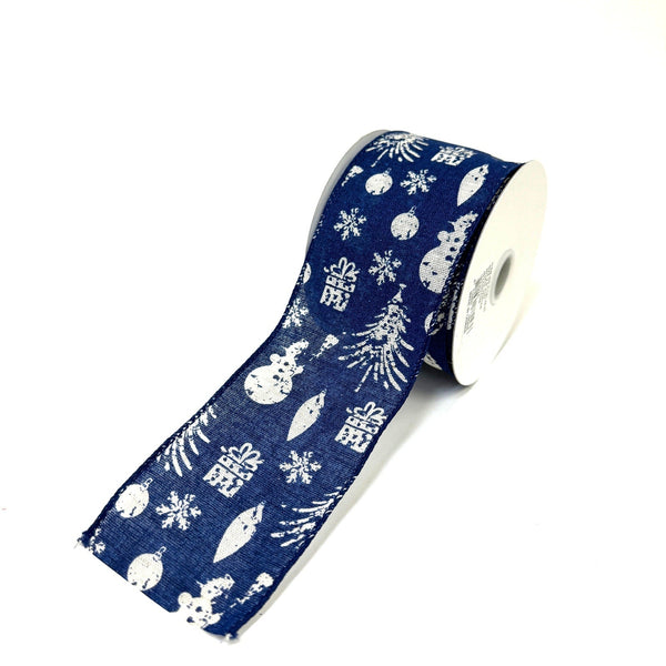 Navy Canvas Ivory Stamped Christmas Icons Ribbon - 2.5 Inch x 10 Yards BBCrafts.com