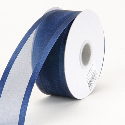 Navy - Organza Ribbon Two Striped Satin Edge - ( 1 - 1/2 Inch | 25 Yards ) BBCrafts.com