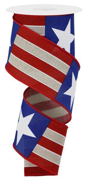 Navy Red White Blue - Bold Star Stripes/Royal Wired Edge Ribbon - ( 2-1/2 Inch | 10 Yards ) BBCrafts.com