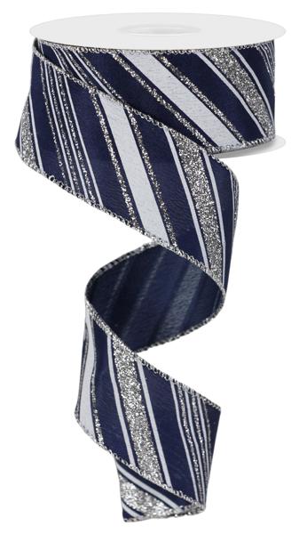 Navy White Silver - Diagonal Line Satin Ribbon - ( 1-1/2 Inch | 10 Yards ) BBCrafts.com