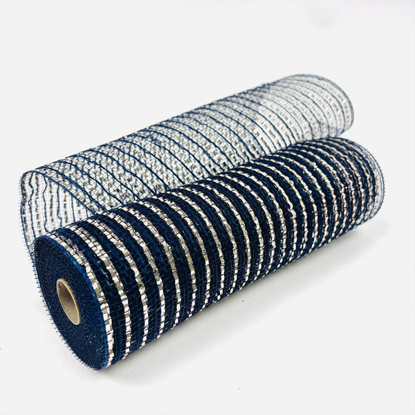 Navy with Silver Metallic Fabric Stripe Christmas Mesh - 10 Inch x 10 Yards BBCrafts.com