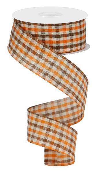 Orange Brown Ivory - Woven Gingham Check Wired Edge Ribbon - ( 1-1/2 Inch | 10 Yards ) BBCrafts.com