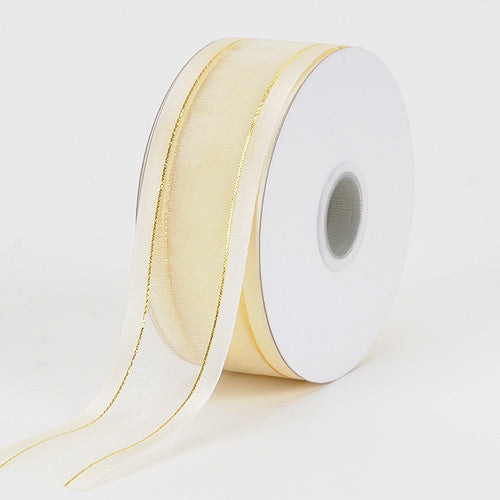 Organza Ribbon Two Striped Satin Edge Ivory with Gold Edge ( 1 - 1/2 Inch | 25 Yards ) BBCrafts.com