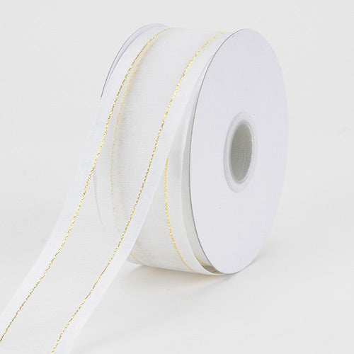 Organza Ribbon Two Striped Satin Edge White With Gold Edge ( 2 - 1/2 Inch | 25 Yards ) BBCrafts.com