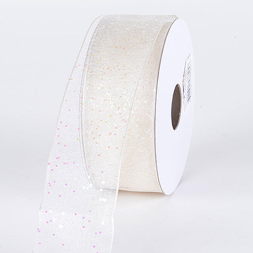 Organza Ribbon with Glitters Wired Edge Ivory Iridescent ( W: 5/8 Inch | L: 25 Yards ) BBCrafts.com