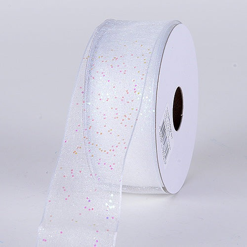 Organza Ribbon with Glitters Wired Edge White Iridescent ( W: 5/8 Inch | L: 25 Yards ) BBCrafts.com
