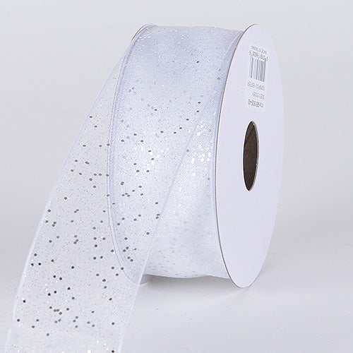Organza Ribbon with Glitters Wired Edge White Silver ( W: 5/8 Inch | L: 25 Yards ) BBCrafts.com