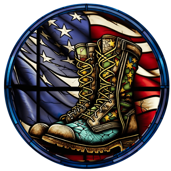 Patriotic Metal Sign: AMERICAN FLAG COMBAT BOOTS - Wreath Accent - Made In USA BBCrafts.com