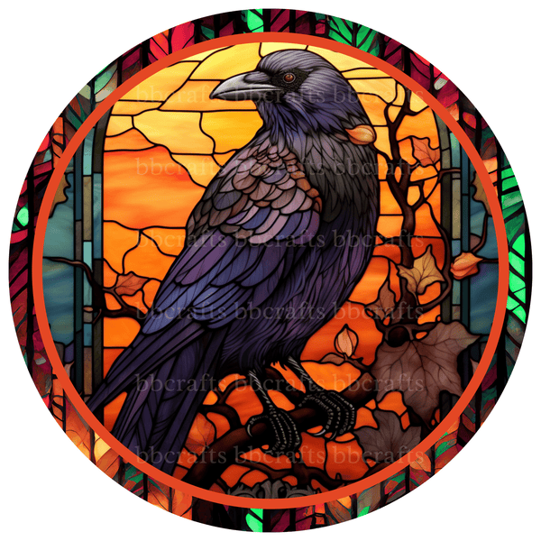 8 Inch Round Halloween Metal Sign: STAIN GLASSED RAVEN - Wreath Accents - Made In USA