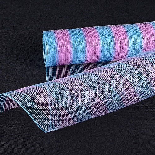 Pink with Light Blue - Poly Deco Mesh Wreath Material with Laser Mono Stripe - ( 21 Inch x 10 Yards ) BBCrafts.com