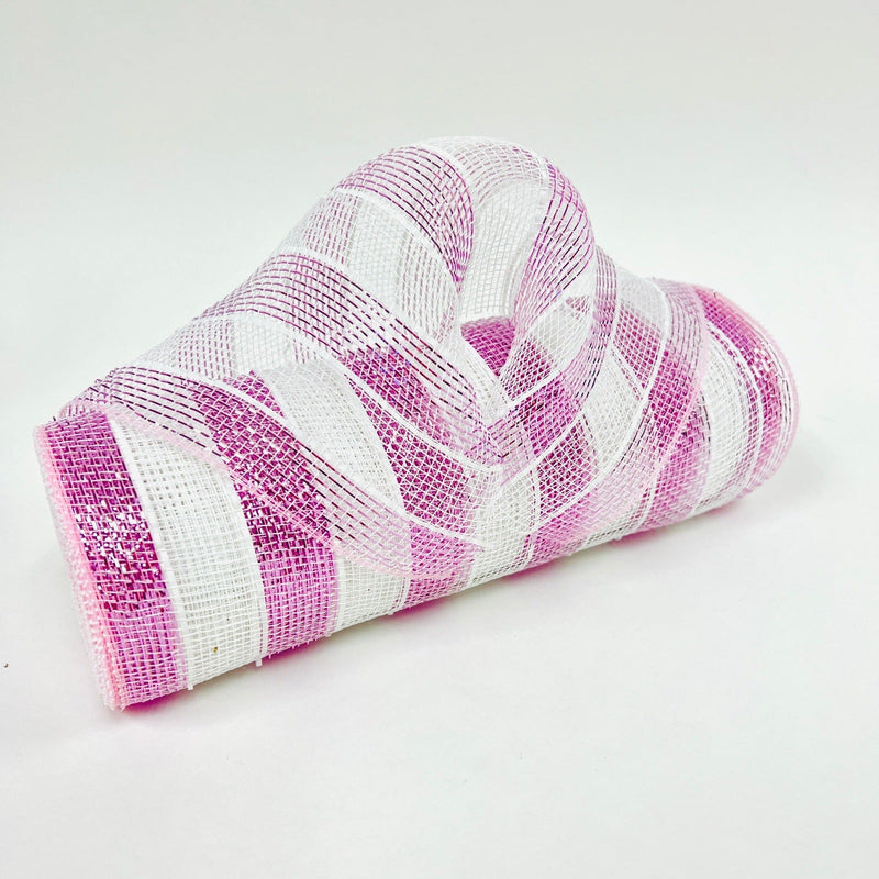 Pink with White - Poly Deco Mesh Wreath Material with Laser Mono Stripe - ( 10 Inch x 10 Yards ) BBCrafts.com