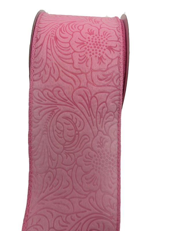 Pink Flower Embossed Wired Ribbon - 2-1/2 Inch x 10 Yards