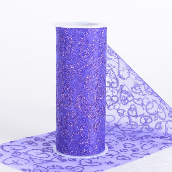 Purple - 6 Inch Glitter Hearts Organza Roll - ( W: 6 Inch | L: 10 Yards ) BBCrafts.com