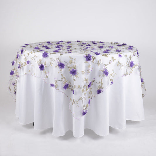 Purple 72 Inch x 72 Inch Organza with 3D Roses Overlay