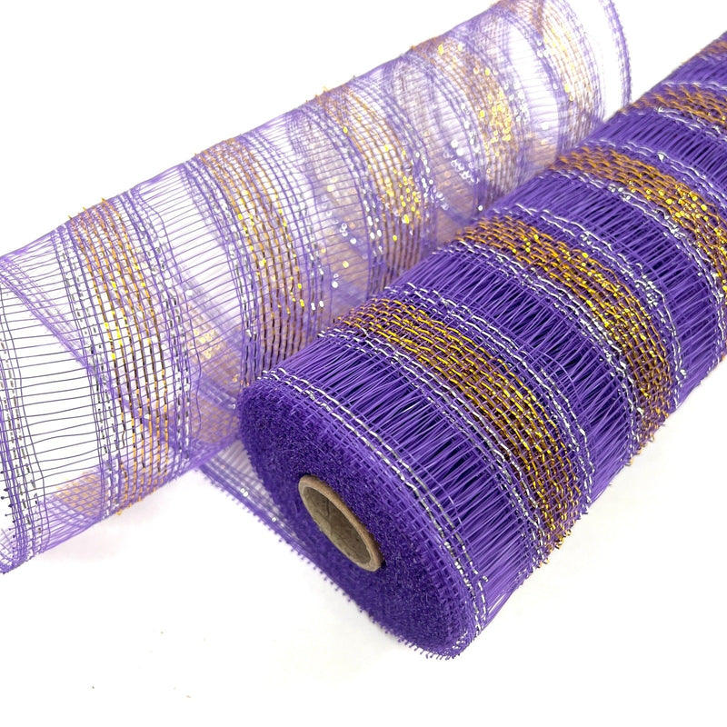 Purple - Deco Mesh Eyelash Metallic Stripes - (10 Inch x 10 Yards) BBCrafts.com
