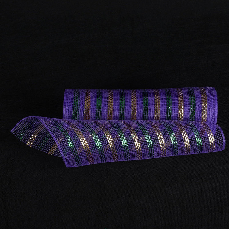 Purple with Multi Color Lines - Poly Deco Mesh Wreath Material with Laser Mono Stripe - ( 10 Inch x 10 Yards ) BBCrafts.com