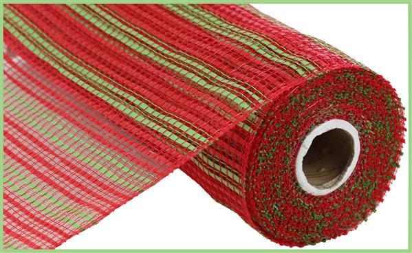 Red with Green Stripes - Deco Mesh Metallic Stripes - 10 Inch x 10 Yards