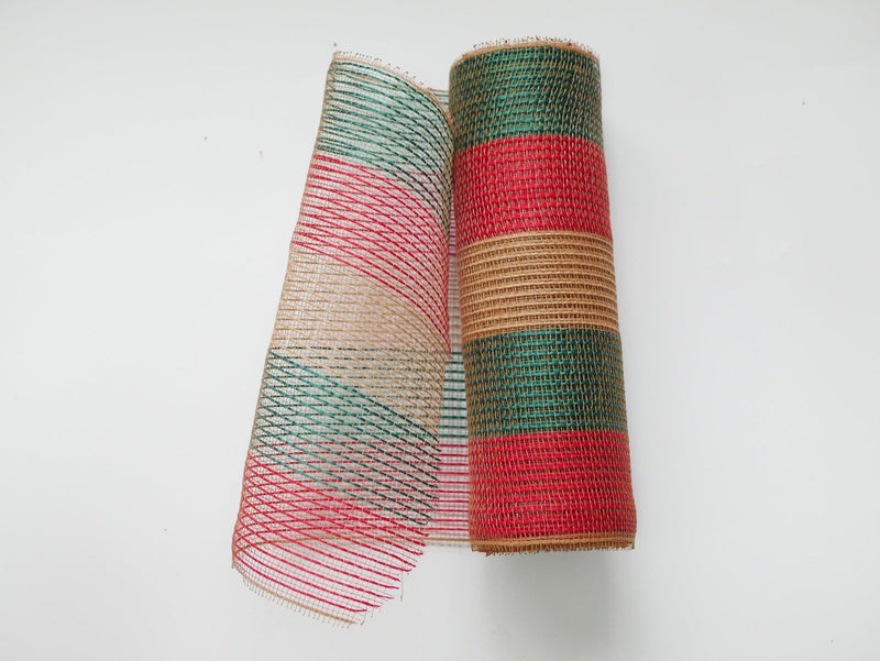 RED NATURAL GREEN Stripes Deco Mesh - Holiday Fabric Deco Mesh - ( 10 Inch x 10 Yards ) BBCrafts.com