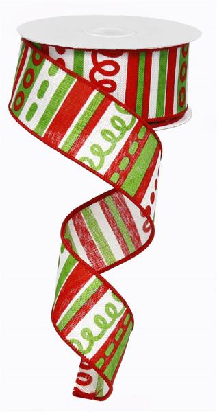 Pre-Order Now Ship On May 30th 2024 - Ivory/Red/Lime - Loopy Stripes On Royal Ribbon - 1-1/2 Inch x 10 Yards