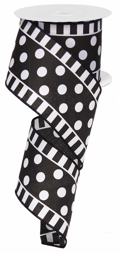 2.5 Inch x 10 Yards Dots And Stripes Ribbon - White/Black