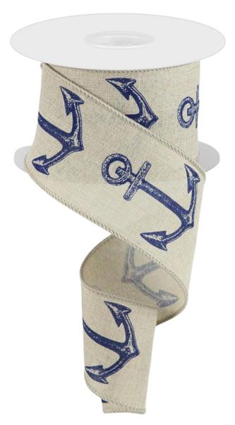 Pre-Order Now Ship On 30th May - Light Natural/Navy Blue - Bold Anchor On Royal Ribbon - 2-1/2 Inch x 10 Yards
