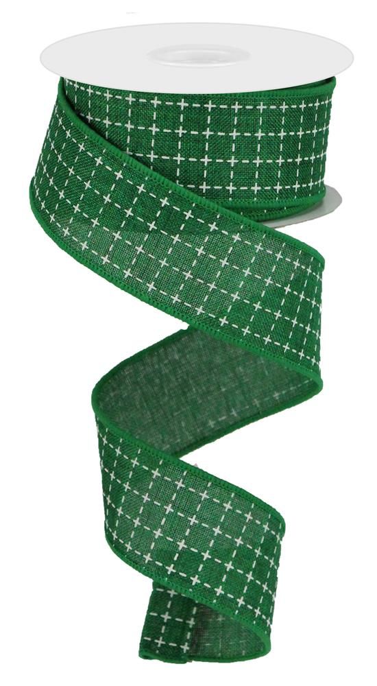 1.5 Inch x 10 Yards Raised Stitched Squares/Royal Ribbon - Emerald/White